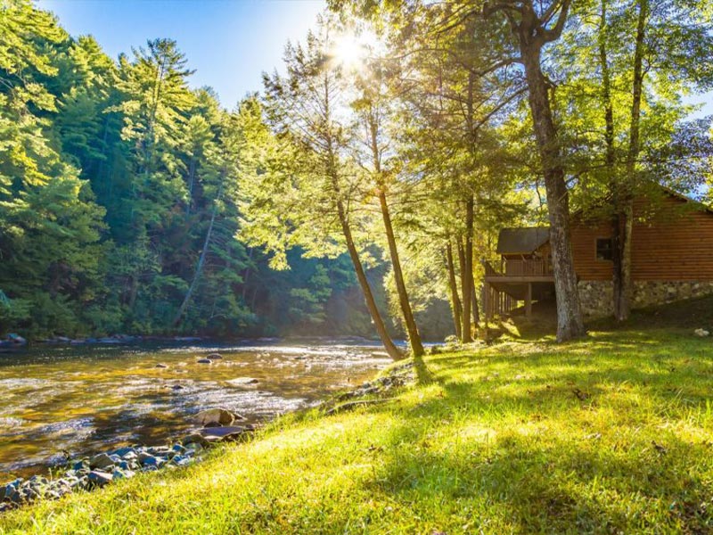 Blue Ridge Cabin by a River in the Morning