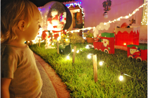 Child Looking at Holiday Lights Display