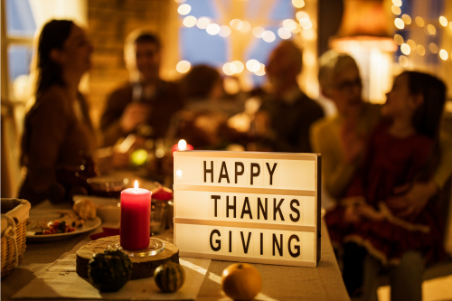 Sign Saying Happy Thanks Giving on a Table