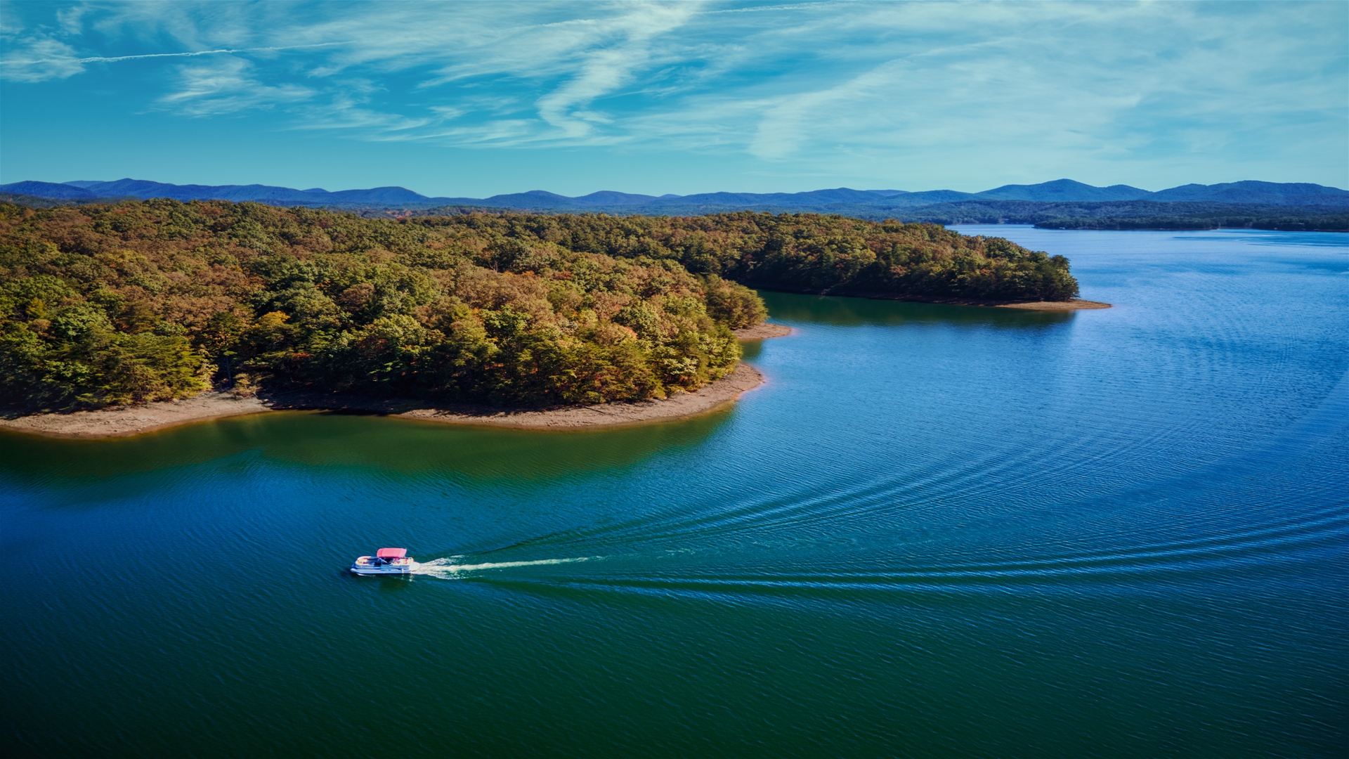 Lake Blue Ridge From Above with A Boat on it